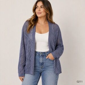 Kathy Ireland Womens 3X Blue Metallic Diamond Pointelle Open Front Cardigan NEW
